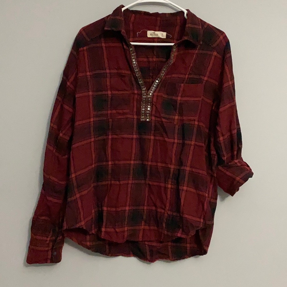 Hollister Red and Black Plaid 3/4 Sleeve/Long Sleeve Shirt Size Large